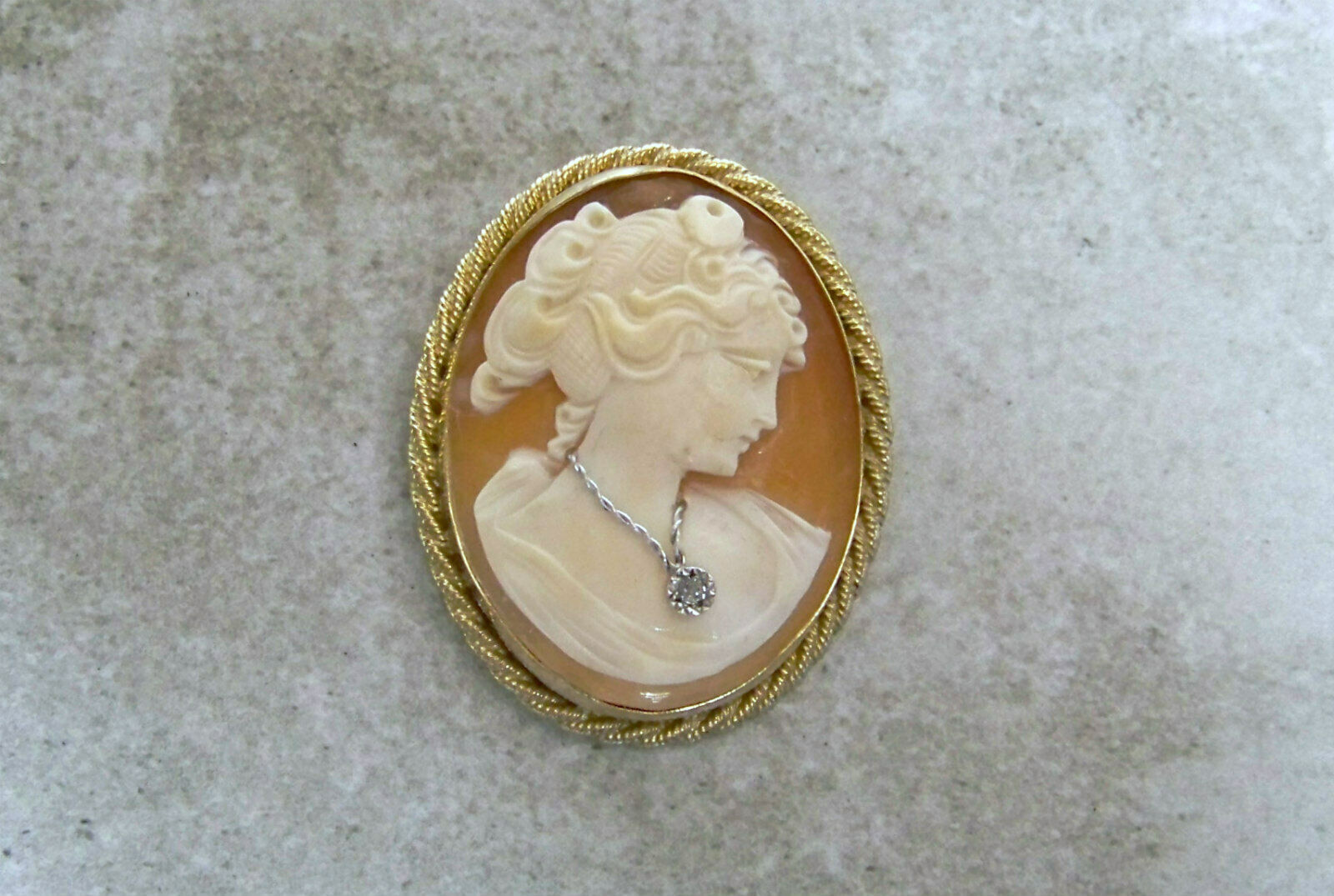 Cameo Lady W Diamond Necklace Habille Pin / Pendant Signed Carved Shell Vintage