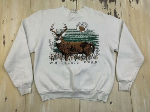Whitetail Deer Vtg 80s-90s White Fruit Of The Loom Sweatshirt, Mens Medium-large