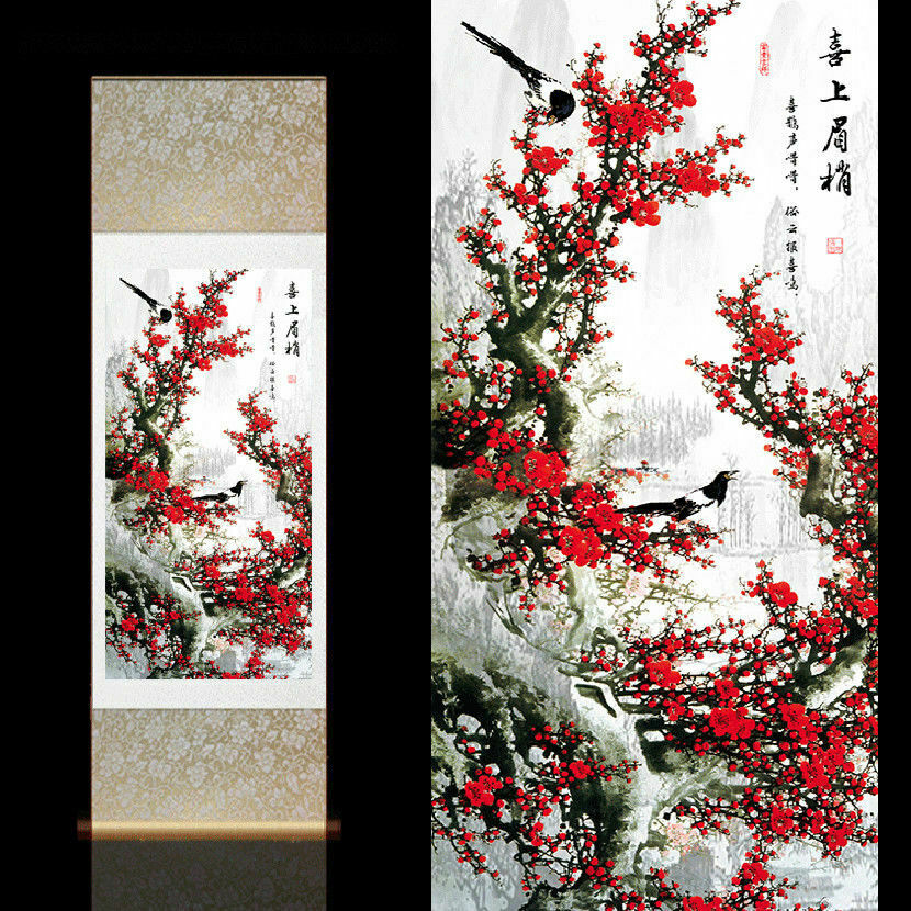 Chinese Silk Scroll Painting Home Office Decoration(喜鹊红梅图)
