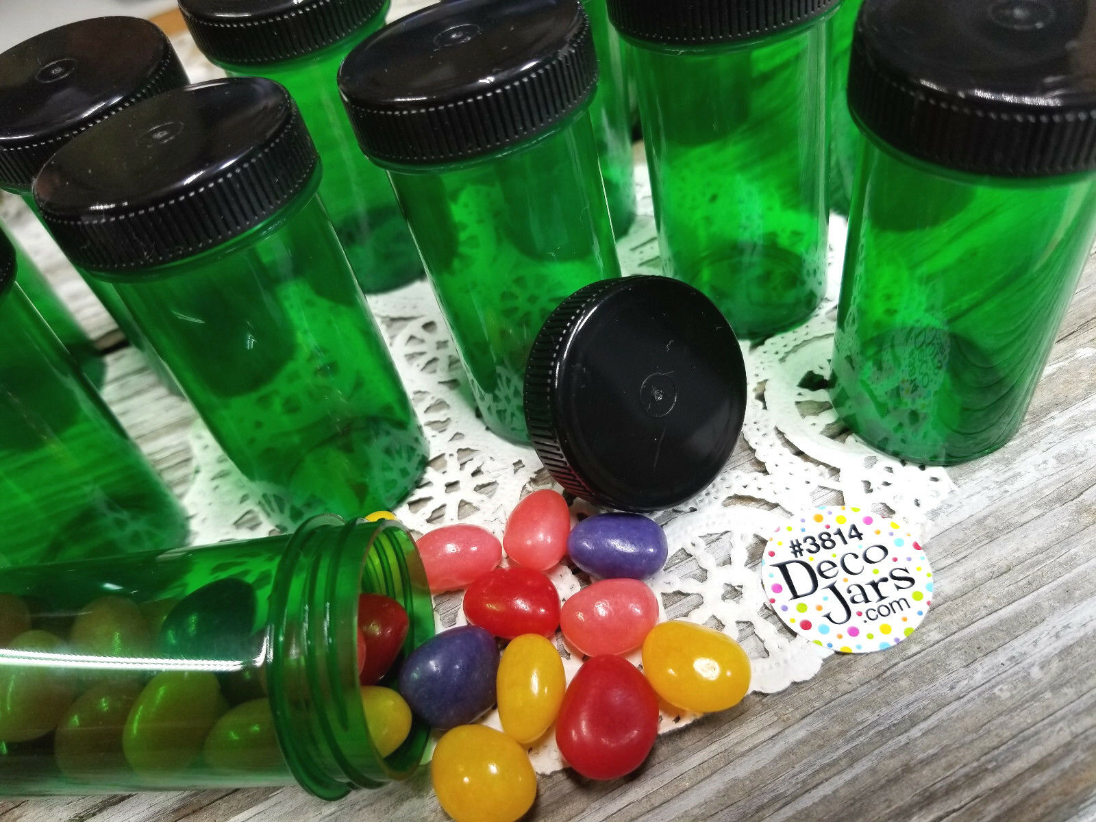 18 Green Pill Herb Snack Bottles Jars Black Caps 1.50 Ounce Size 3814 Decojars