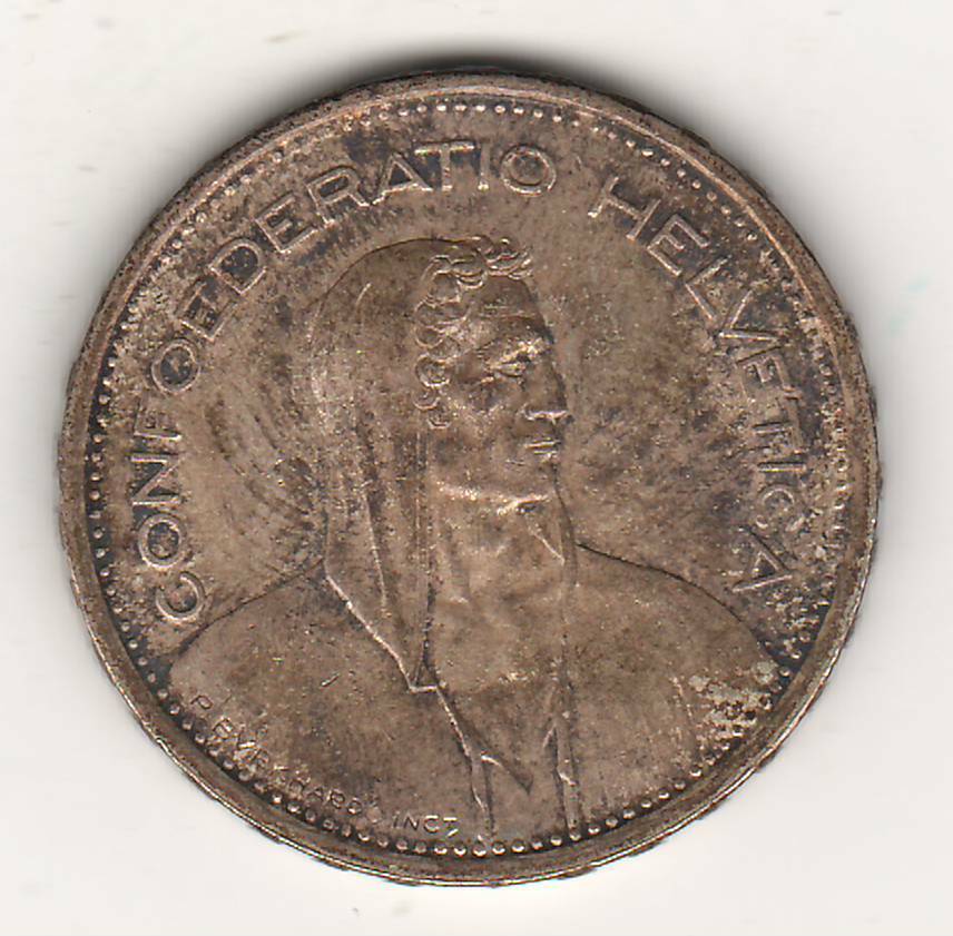 Switzerland, 1954-b, Silver, 5 Francs, William Tell