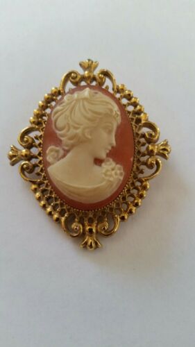 Vintage Avon Solid Perfume Gold Tone Cameo Brooch Pin