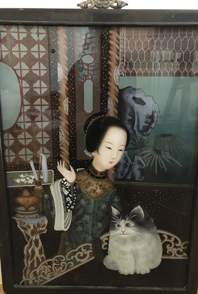 Vintage Asian Chinese Reverse Painting On Glass - Beautiful Girl With Cat Framed