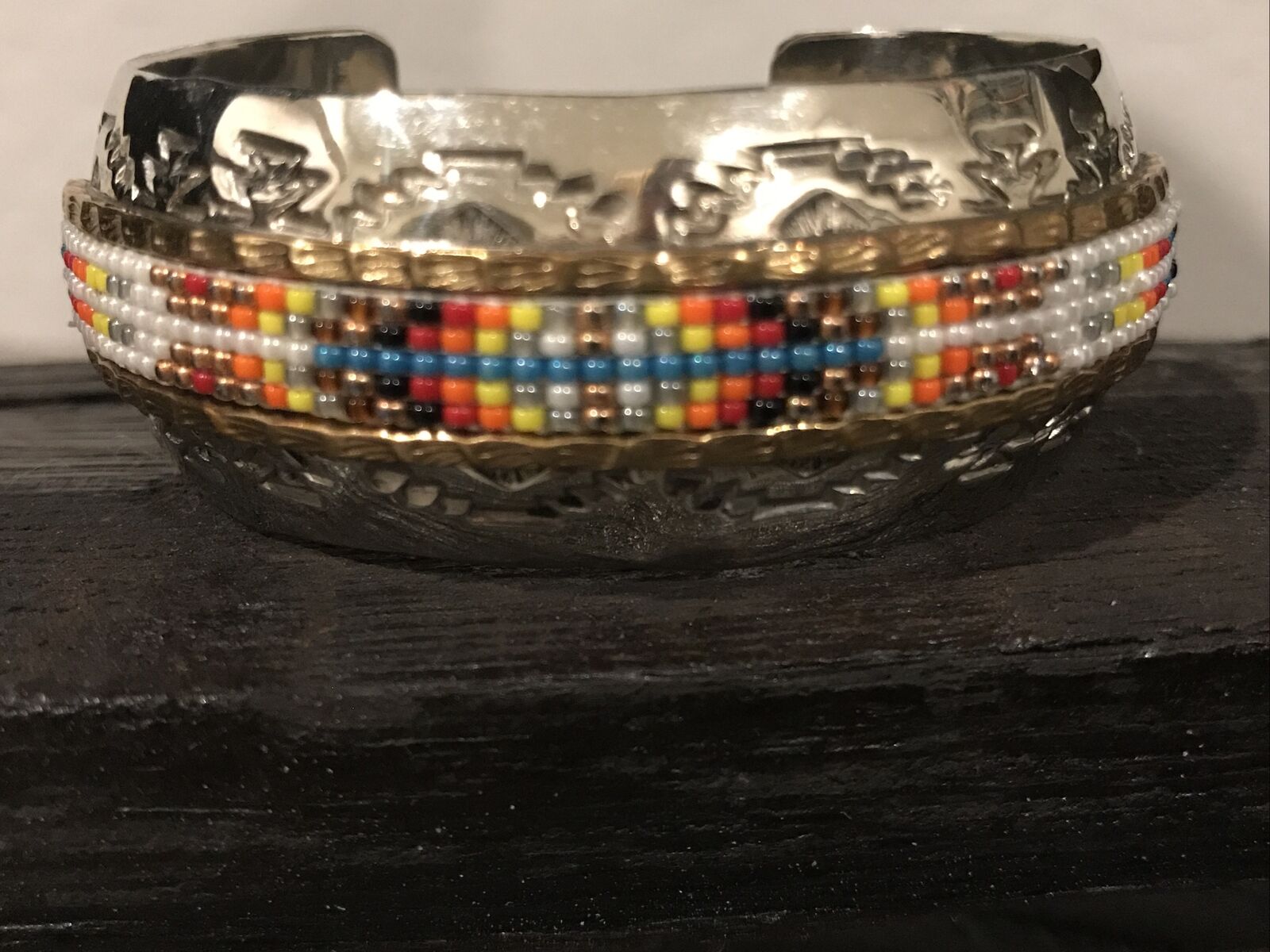 Beaded Inlaid Sterling Silver Cuff Bracelet Navajo-40 Grams  #f60