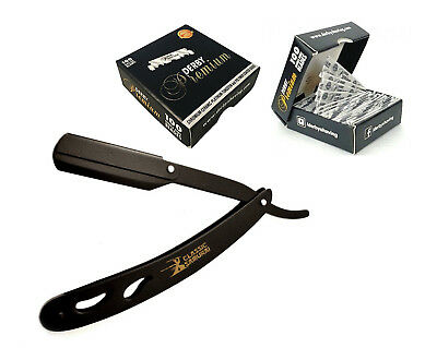 Classic Samurai Matte Black Folding Straight Razor + 100 Derby Premium Blades