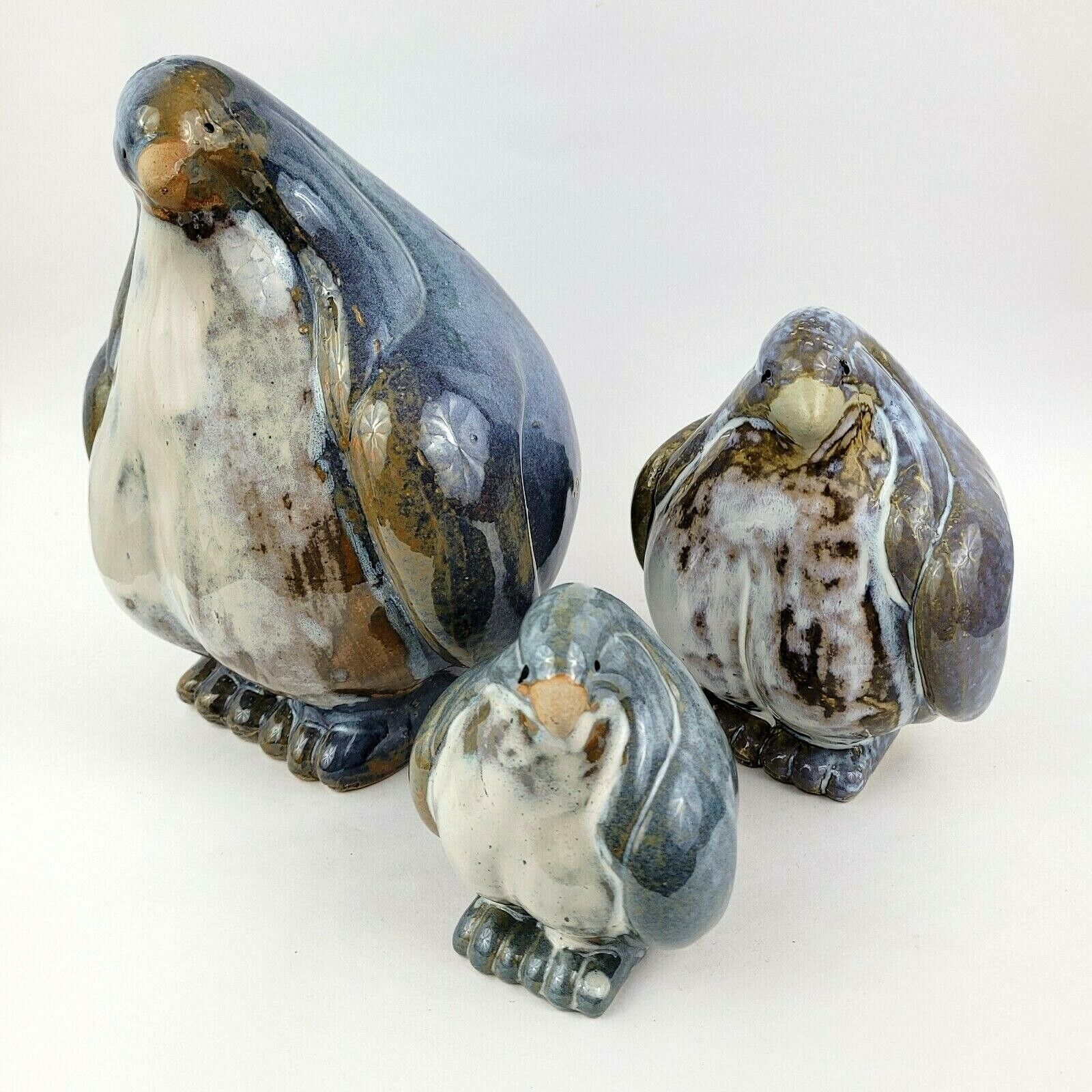 Set Of 3 Heavy Penguin Figurines Multicolor Glazed Handmade Pottery Blue Gray