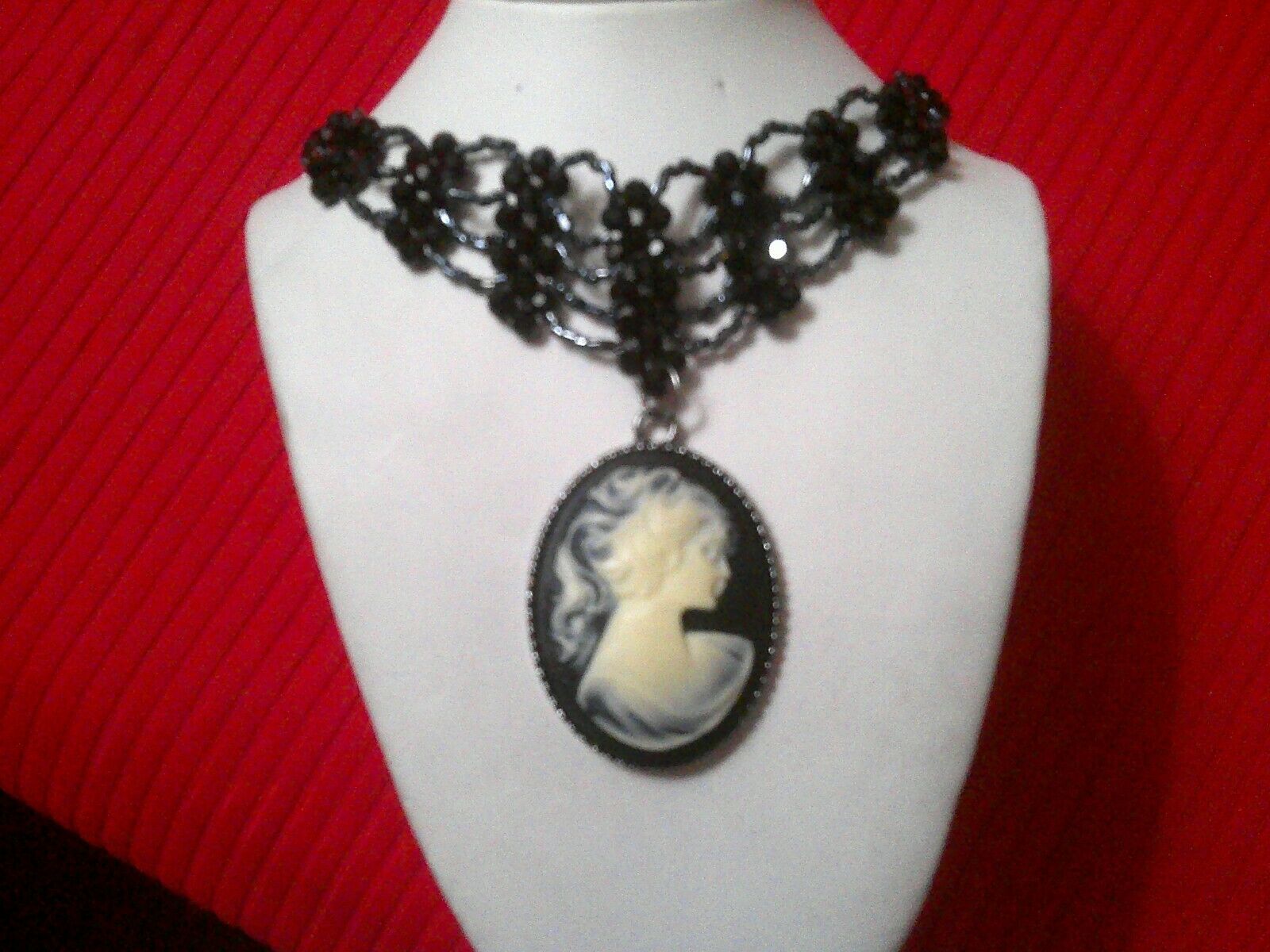 Unsigned Black W/ White Face Faux Cameo Victorian Style Black Beaded Necklace