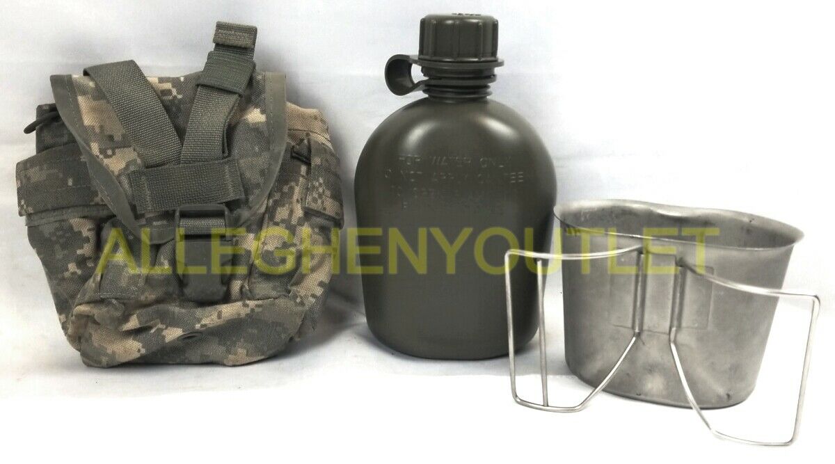Us Military 3 Pc Set 1qt Od Canteen W Molle Acu Pouch Cover & New Stainless Cup