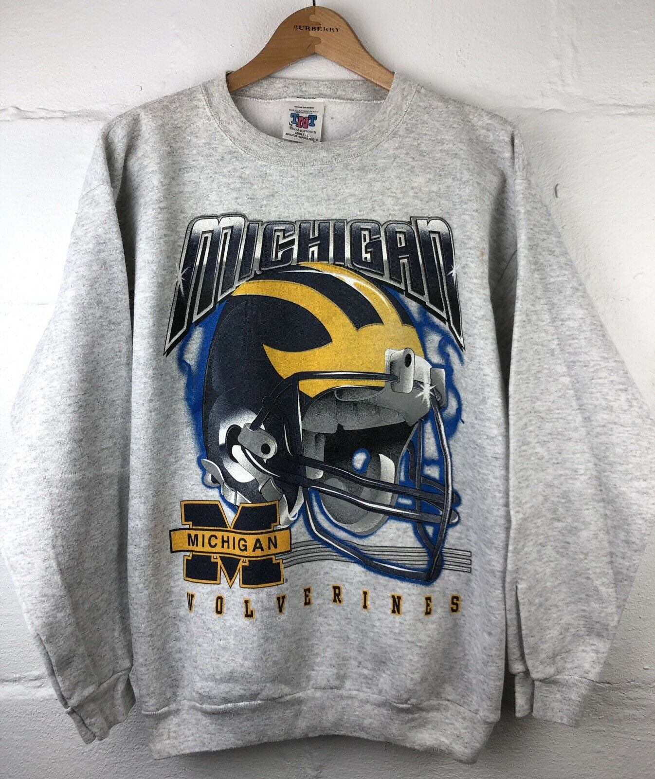 Vintage 90s Tnt University Of Michigan Wolverines Helmet Sweatshirt Usa Made L