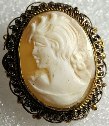Vintage Carved Shell Cameo Woman's Profile Face Brooch Pendant For Repair
