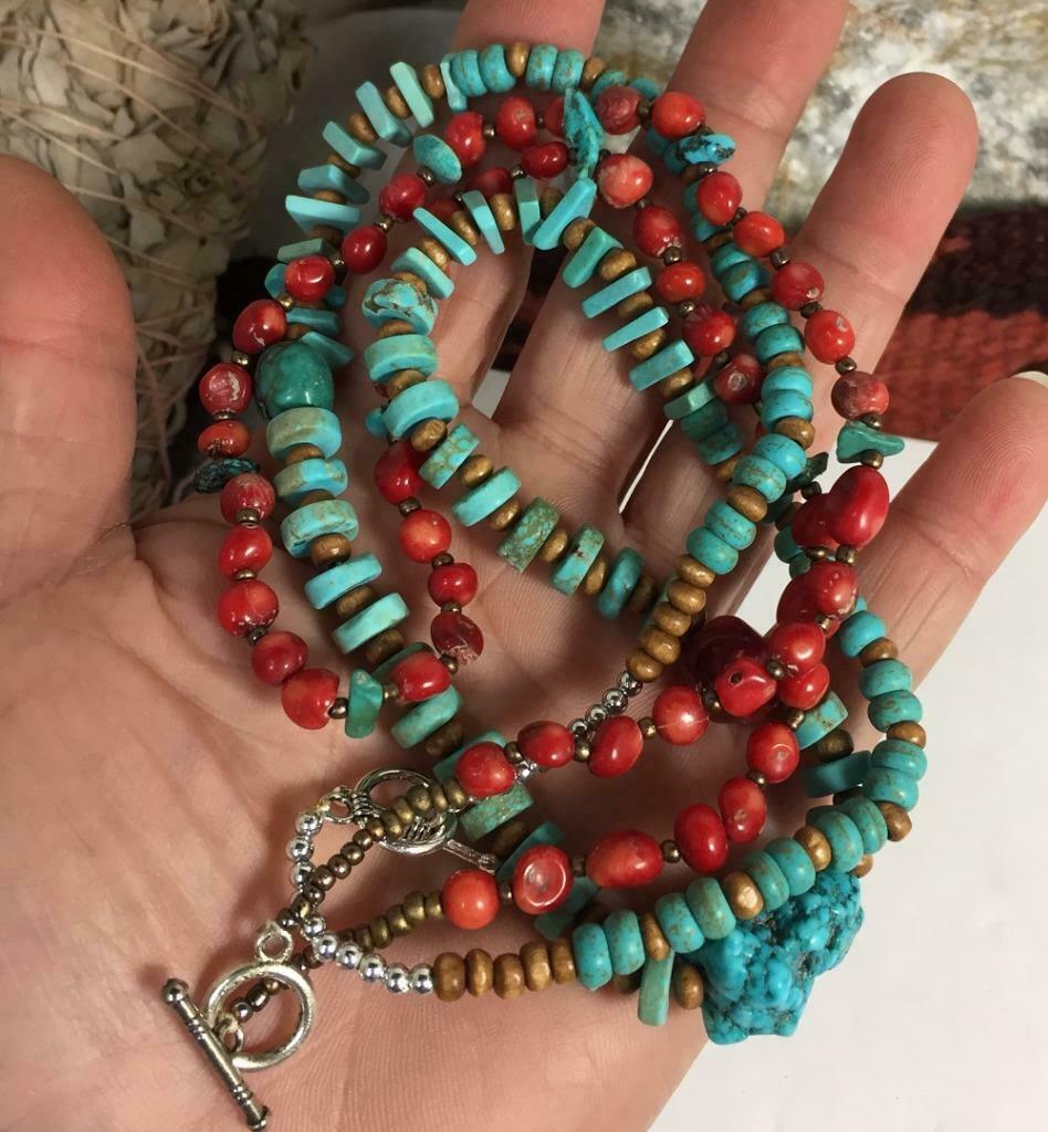 2 Ethnic Red Coral/block  Turquoise Necklaces(t166c-w2)