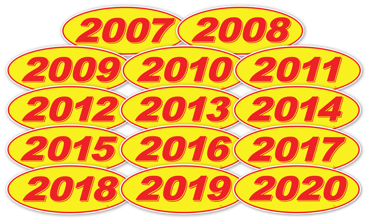 Oval Model Years Vinyl Car Window Stickers (red On Yellow) (12 Per Pack)