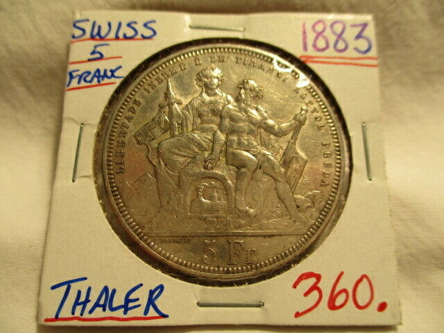 1883 Switzerland 5 Francs Lugano Shooting Festival Silver Thaler