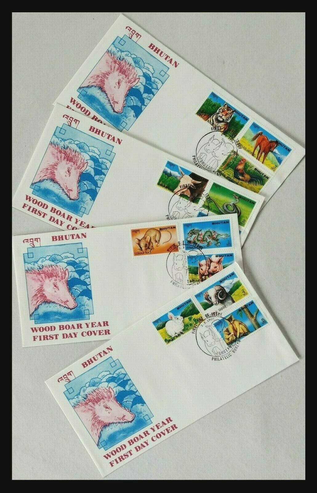 119.bhutan 1995 Set/12 Stamps Wood Boar Year  Fdc