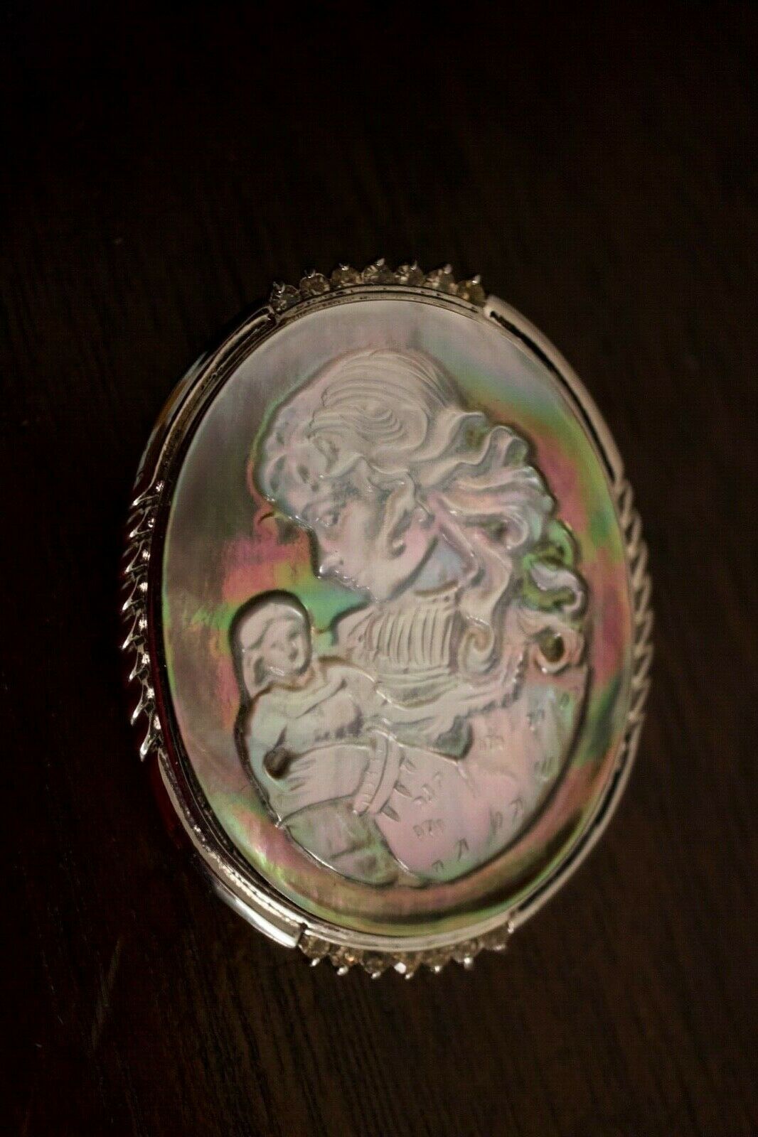 Vintage Silver Tone Mother Of Pearl & Alpaca Girl & Doll Cameo Pendant