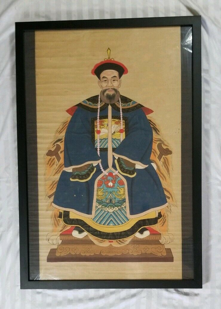 Pair Of Qing Chinese Ancestral Portrait Scrolls - Water Color On Hand Made Paper