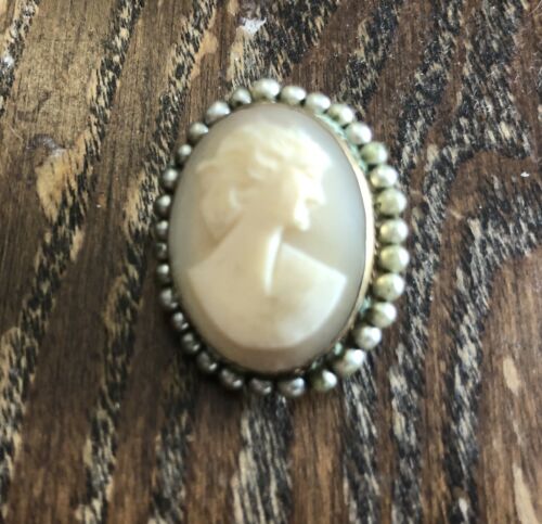 Vintage Brass Carved Shell Cameo Lady Glass Pearl Trim  Pin- Pendant Combo