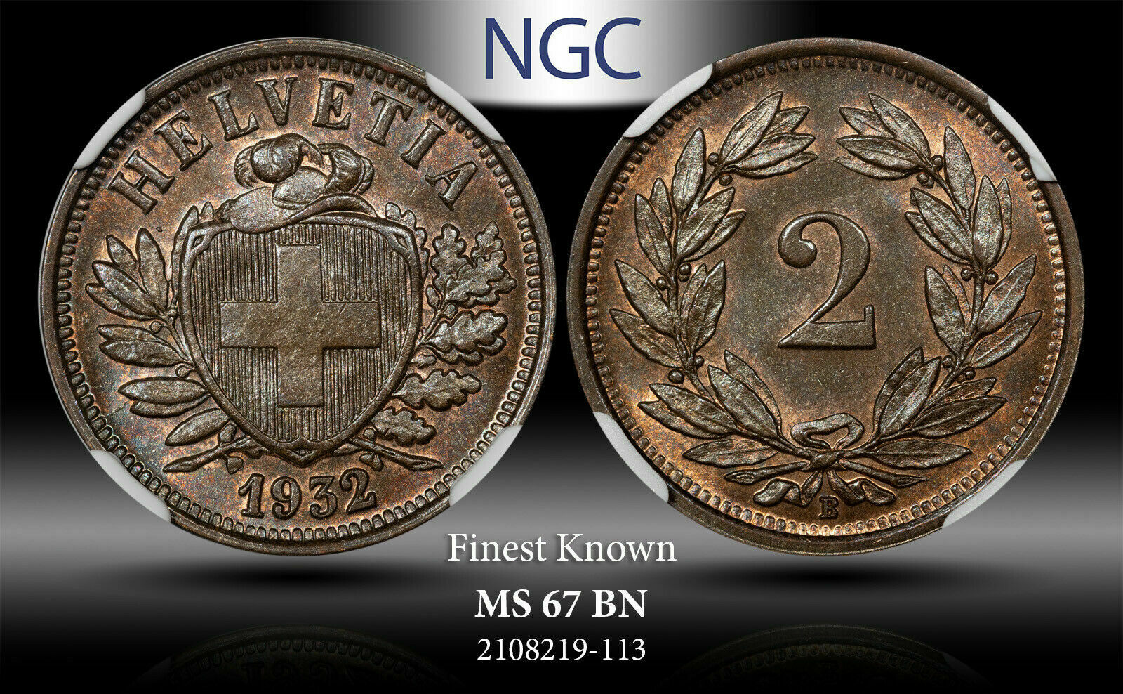 1932-b Switzerland 2 Rappen Ngc Ms67bn Finest Known