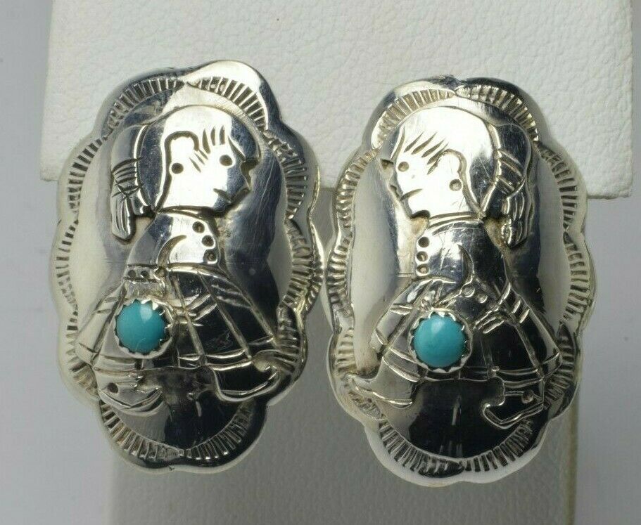 Sterling Silver Turquoise Concho Girl In Dress Push Back Earrings Signed Rtt