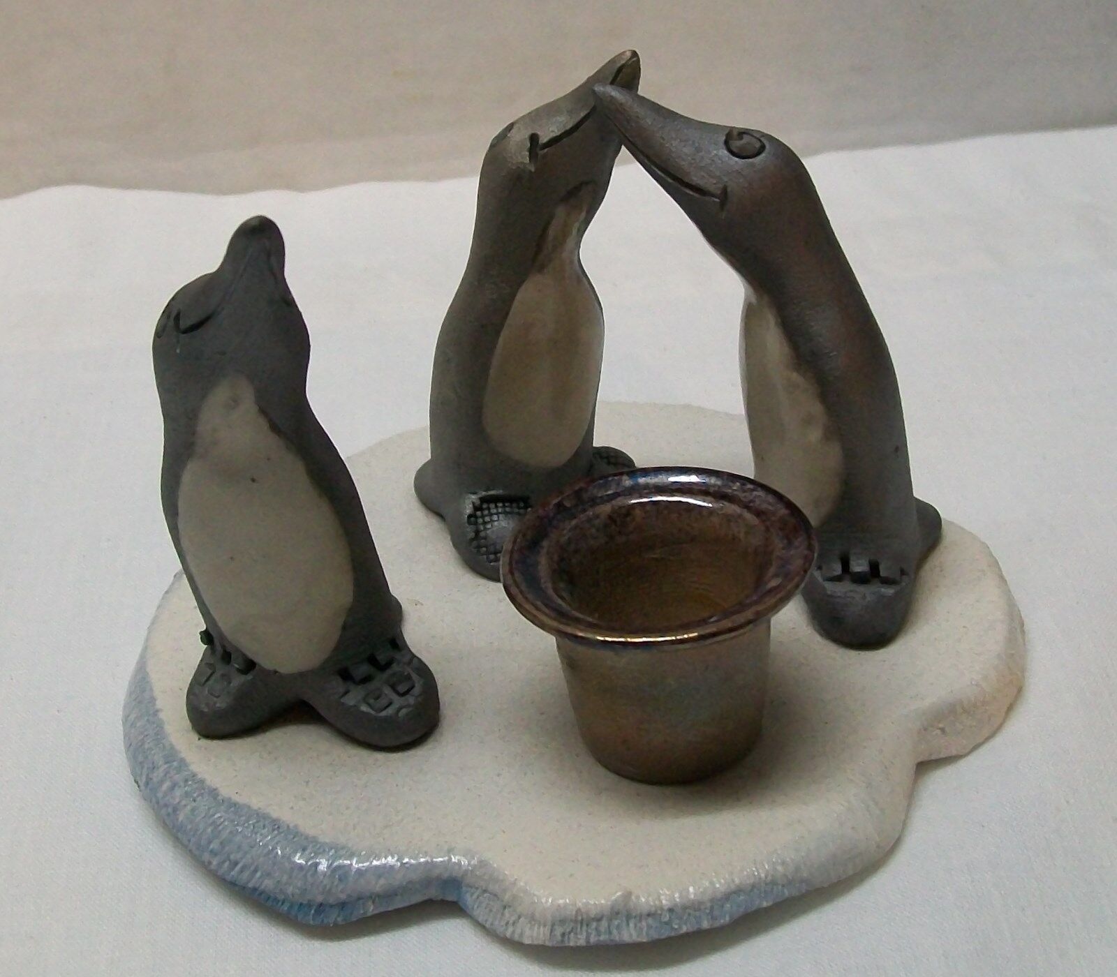 Penguin Taper Candle Holder With Two Snuggling Penguins Metal Look Quebec