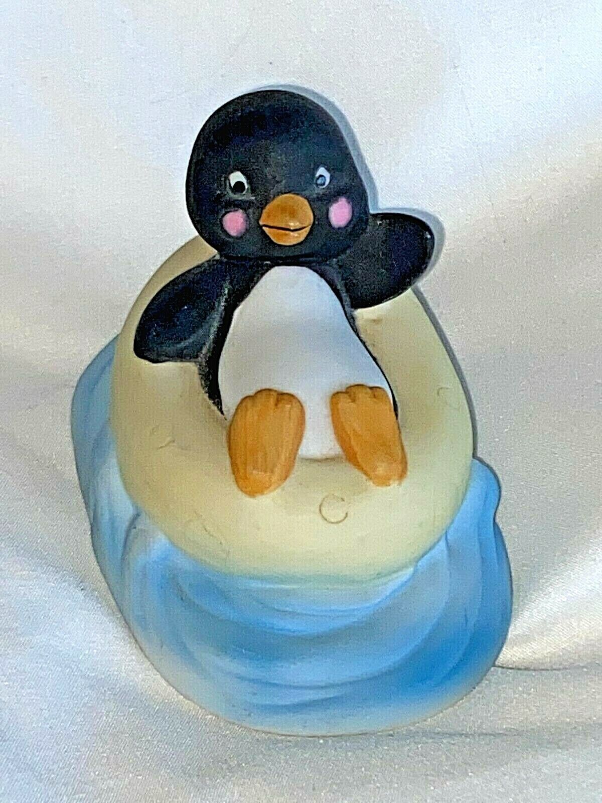 Vintage Whimsical Baby Penguin Floating On Waves Bisque Porcelain By Willetts