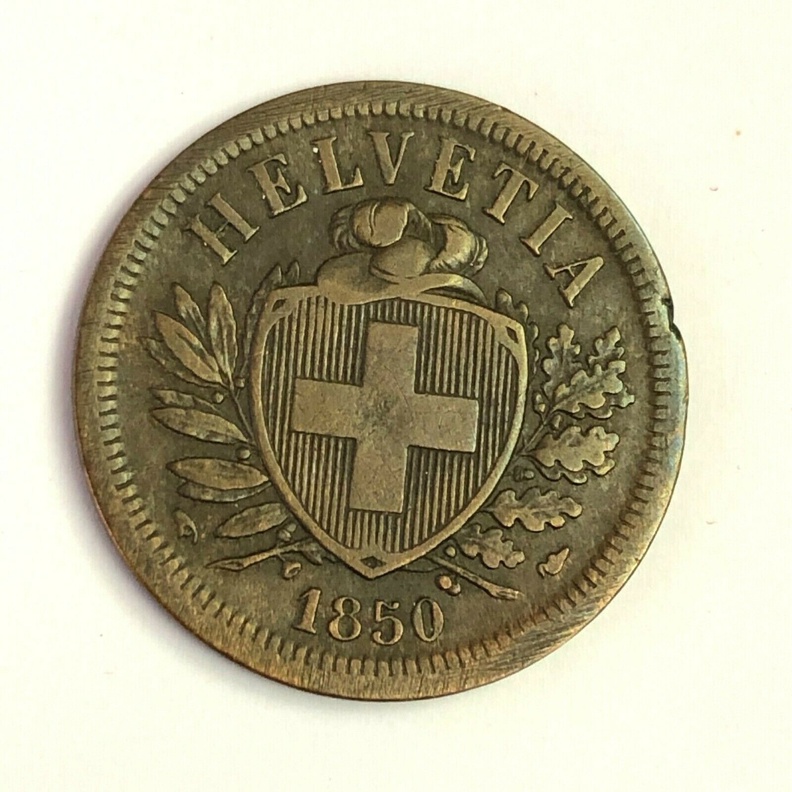 1850 A Switzerland 2 Rappen Bronze, Km#4.1, Vf