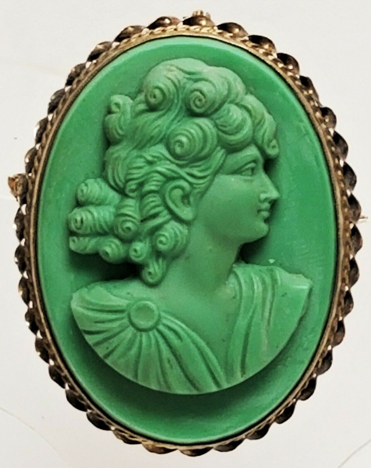 Antique Molded Green Grass Cameo Gold Filled Brooch / Pendant Twisted Border
