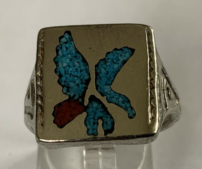 Beautiful Rare Sw Silver Fashion Turquoise & Coral Eagle Ring Sz 10.25 By151