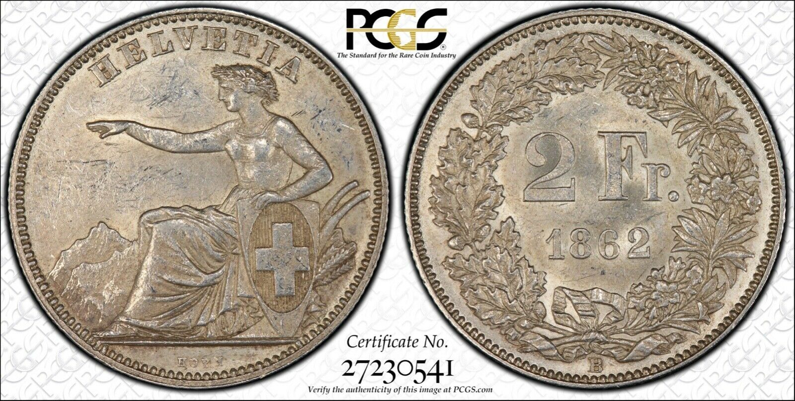 Switzerland  1862-b  2 Francs Silver Coin, Uncirculated,  Pcgs Certified  Ms61