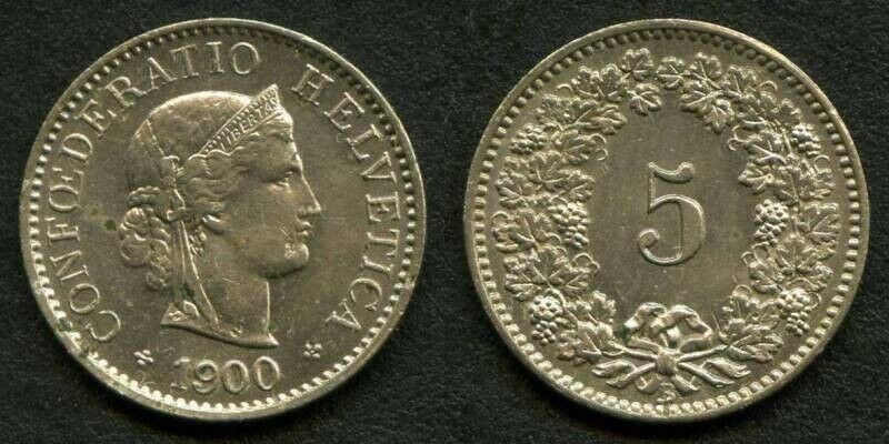 Beautiful 1900b Copper-nickel Coin Swiss Confederation Switzerland Five Rappen