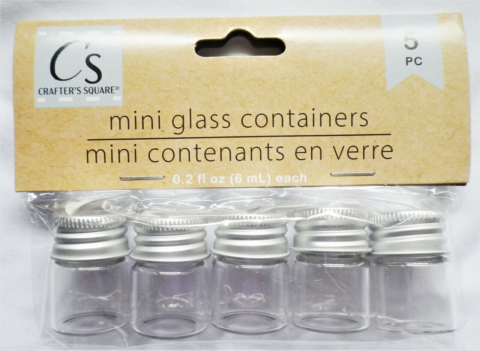 New Crafters Square 6 Mini Glass Containers Jars With Silver Lids 1.25" Long