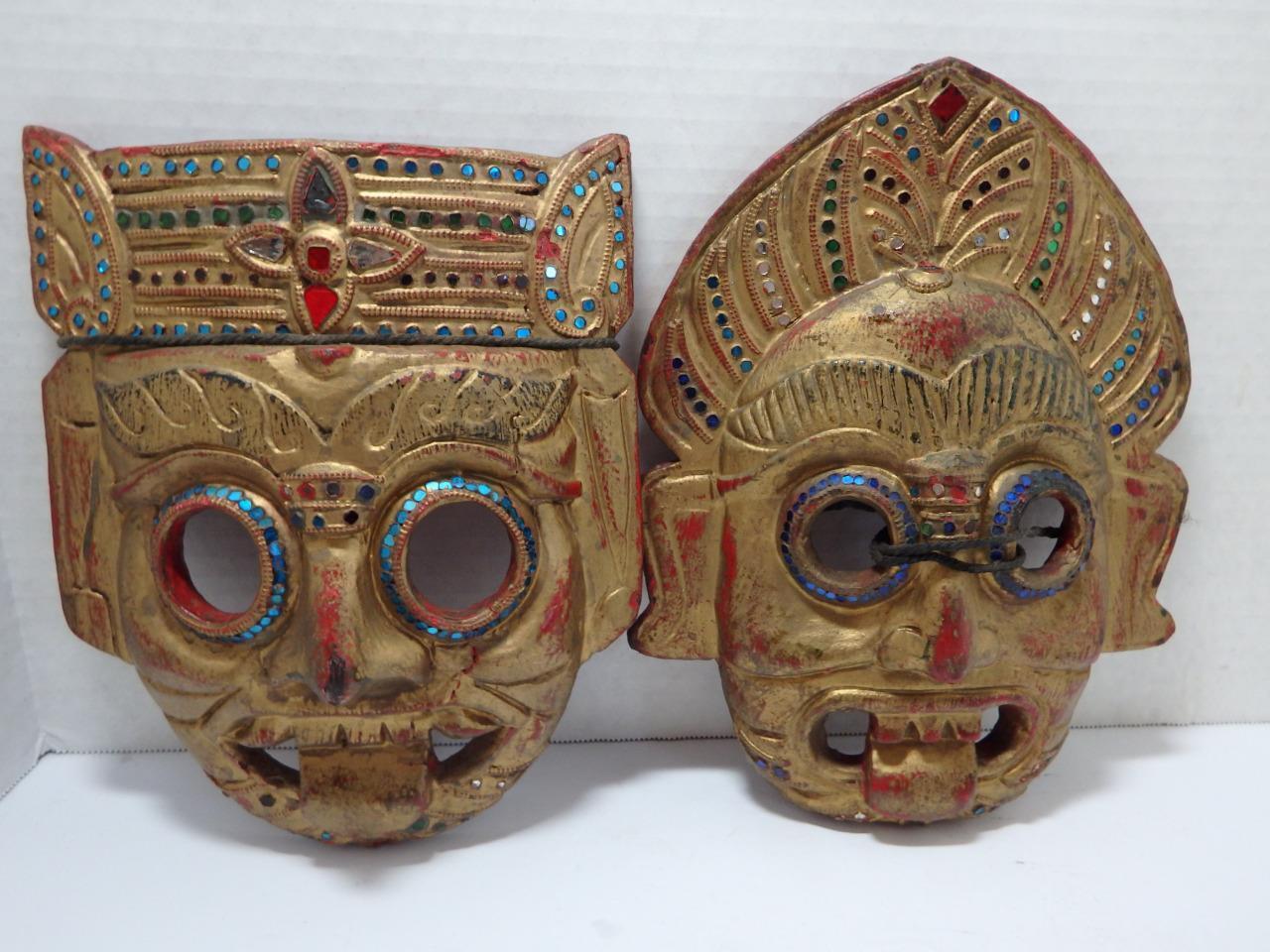 Pair Vintage Carved Wood Tribal Wall Mask Thailand Asian Warrior 77-3383