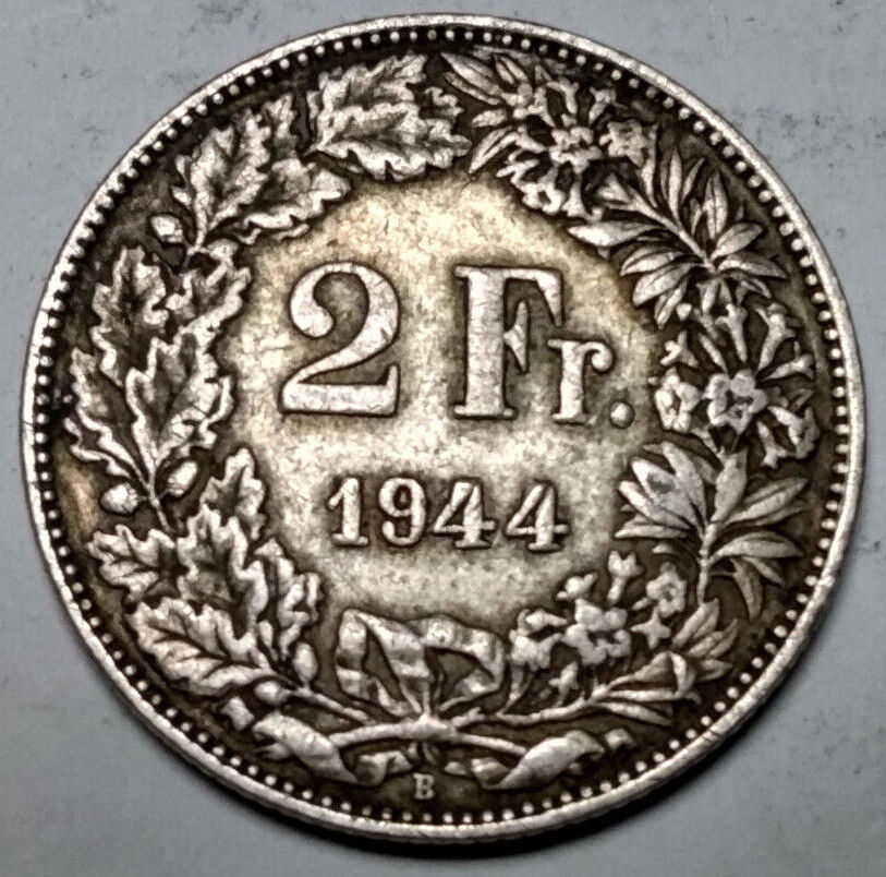 1944-b Switzerland 2 Francs .835 Silver Swiss Coin Helvetia