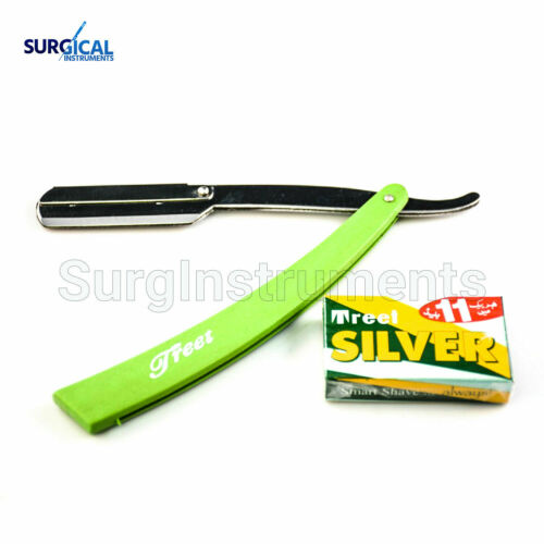 Green Straight Barber Edge Steel Razor Folding Shaving Knife 11 Blades Razors