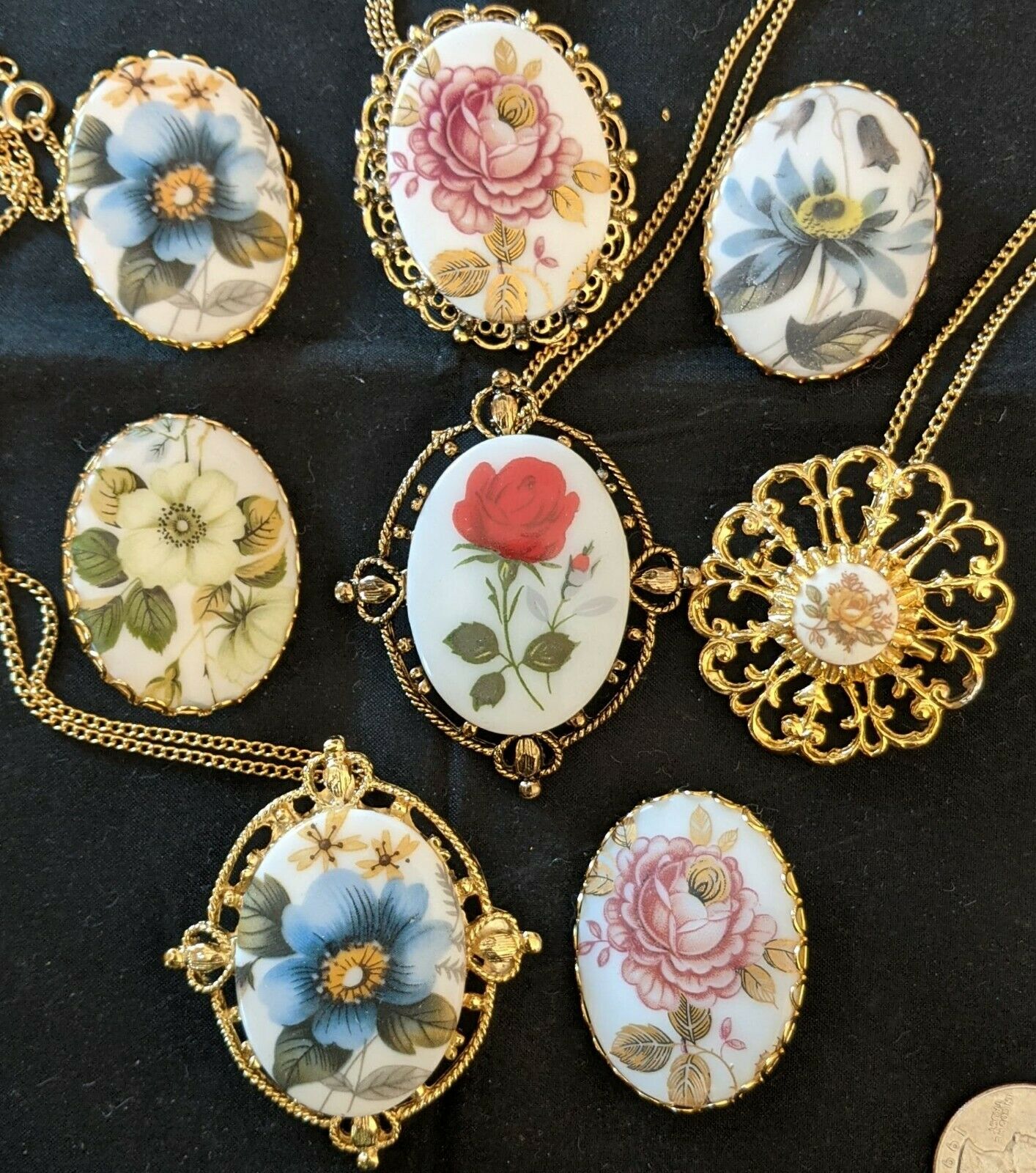Set Of 8 Vintage Cameo Gorgeous Rose Flower Brooch Pin Necklace Pendant Nos