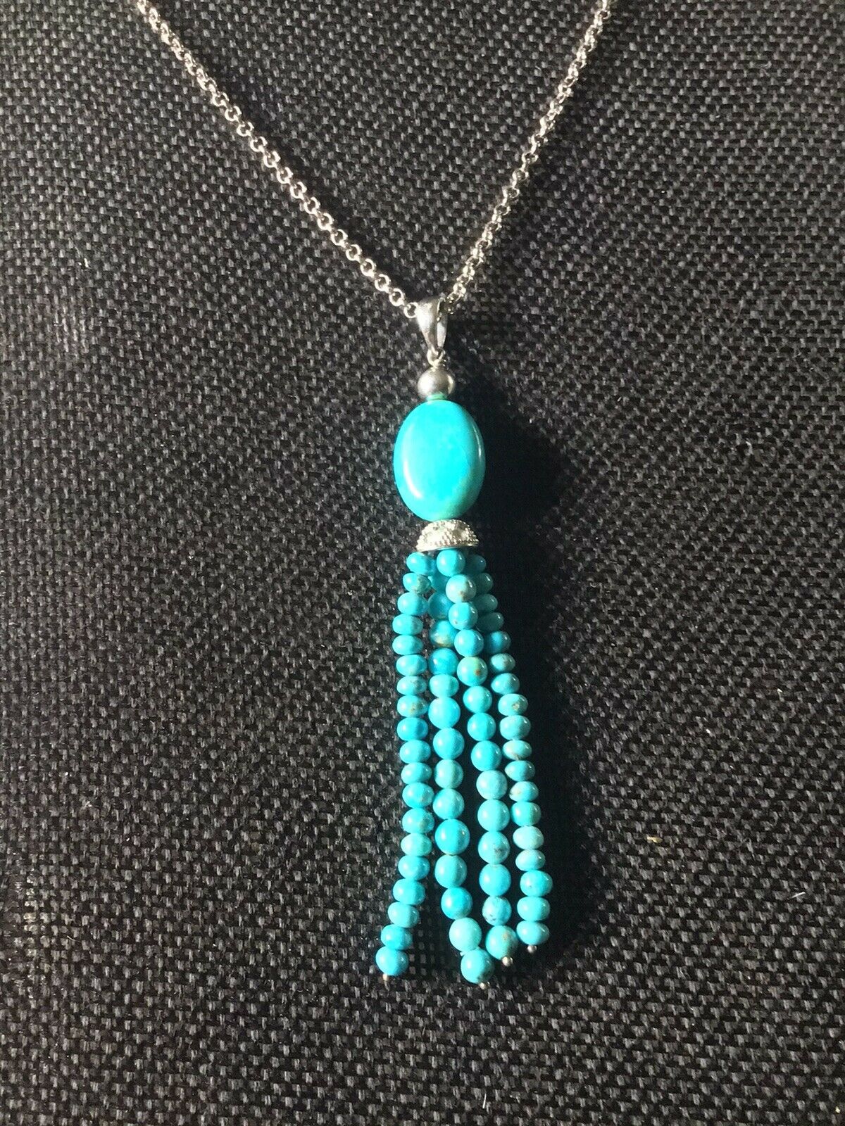 Turquoise Long Necklace With 4 Turquoise Tassels In Sterling Silver
