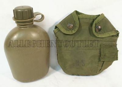 Usgi Military Od 1 Quart Qt Hard Plastic Canteen & Od Cover W/ Clips Flat Cap Vg