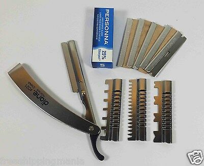 Stainless Straight Edge Barber Razor 3 Guards And 5 Personna Blades Shaving Cut
