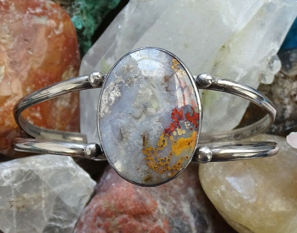 Vintage Southwestern Polished Agate Cuff Bracelet Sterling Silver With Raindrops