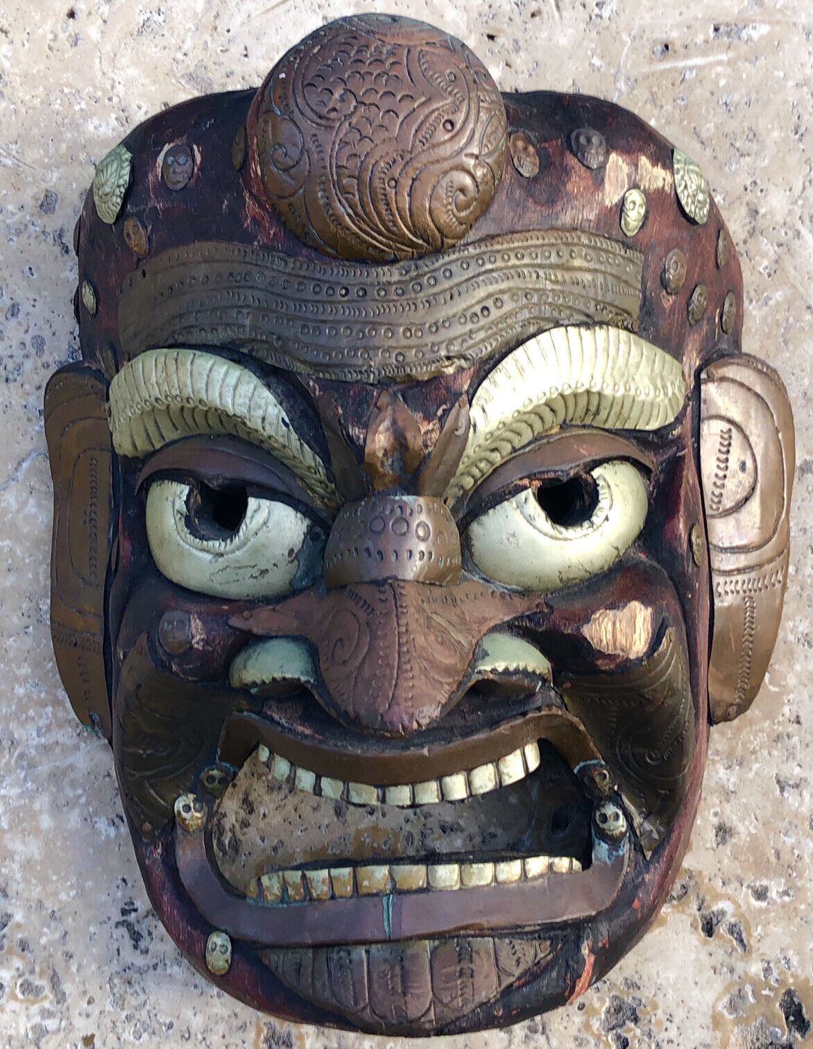 Antique Tibetan Carved Wooden Mask Fierce Mahakala 12” X 9”