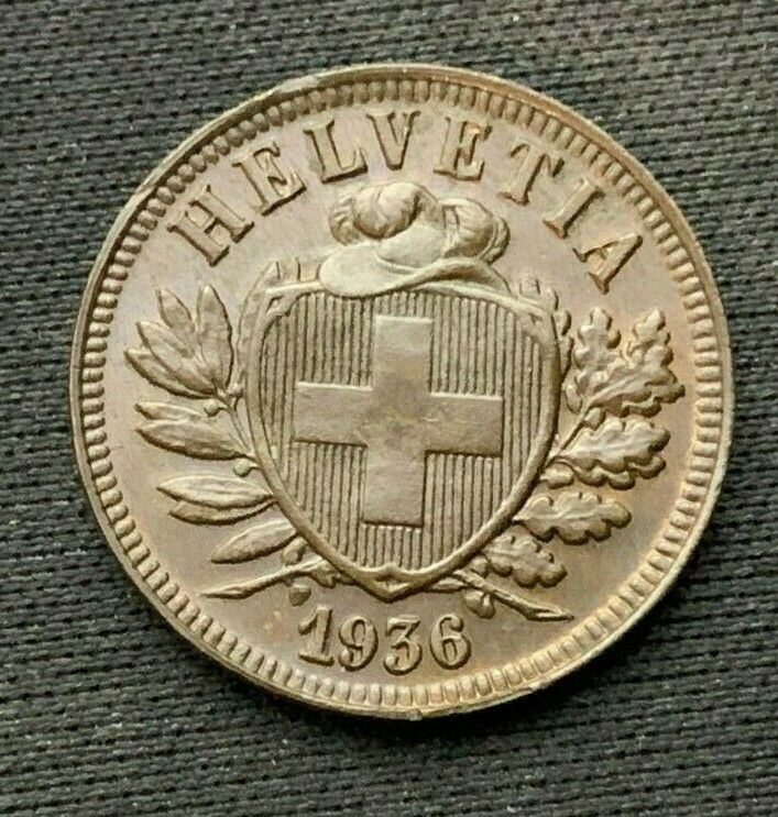 1936 B Switzerland Rappen Coin  Unc   Bronze World Coin     #c231