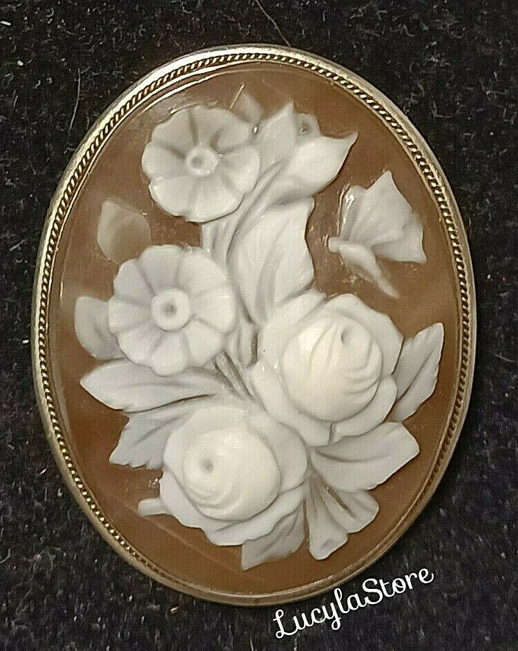 Vintage Cameo Floral Butterfly Detailed Shell Silver 800 Gold Accent Brooch Pin