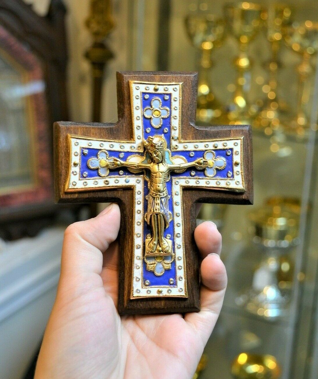 + Very Nice Hand Baked Enamel Wall Cross Plaque + Crucifix On Wood Frame + 5"x4"
